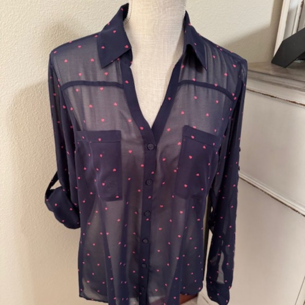 Express Navy Sheer Button-Up Blouse with Pink Heart Print
